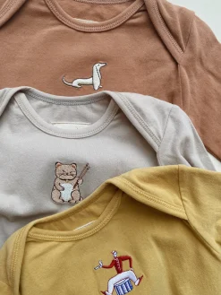 CUE 3 Pack Embroidery Bodysuit | Tan, Mustard & Beige