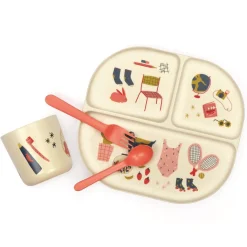 Illustrated Bamboo Kid Dinner Set | Coral