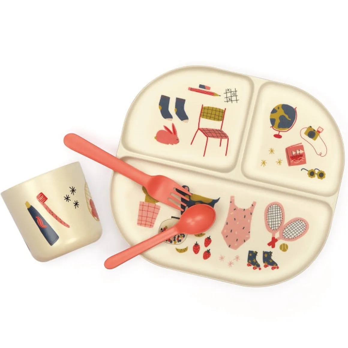 Illustrated Bamboo Kid Dinner Set | Coral