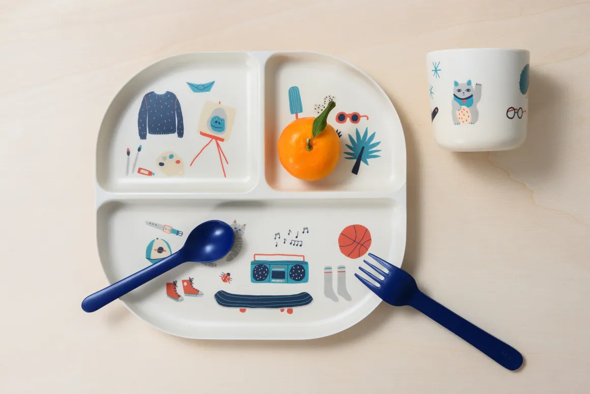 Illustrated Bamboo Kid Dinner Set | Royal Blue