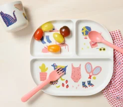 Illustrated Bamboo Kid Dinner Set | Coral