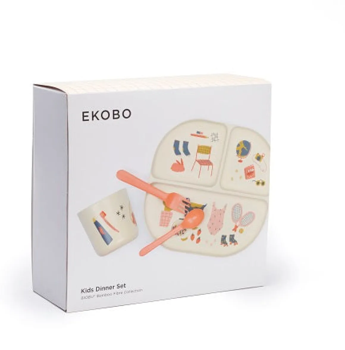 Illustrated Bamboo Kid Dinner Set | Coral