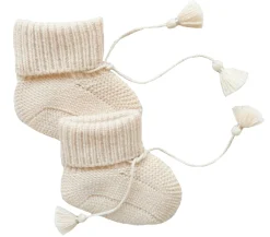 Knitted Booties with Embroidered Pouch - Beige