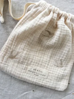 Knitted Booties with Embroidered Pouch - Beige